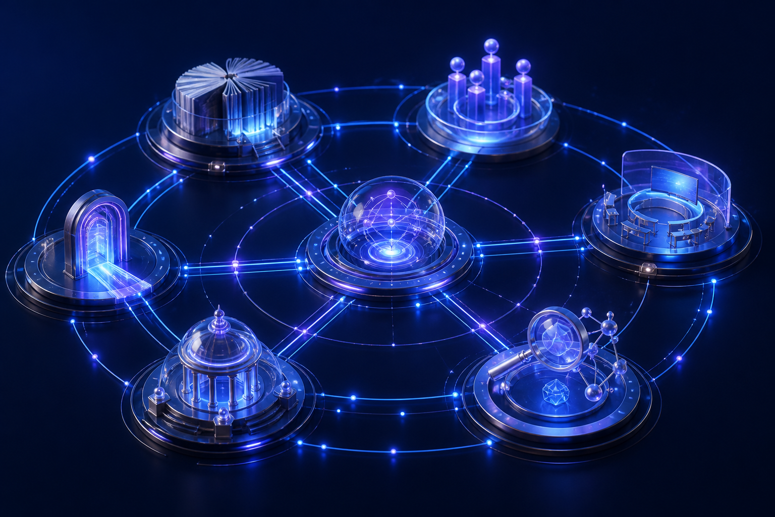 Luminous AI knowledge network connecting university departments and services