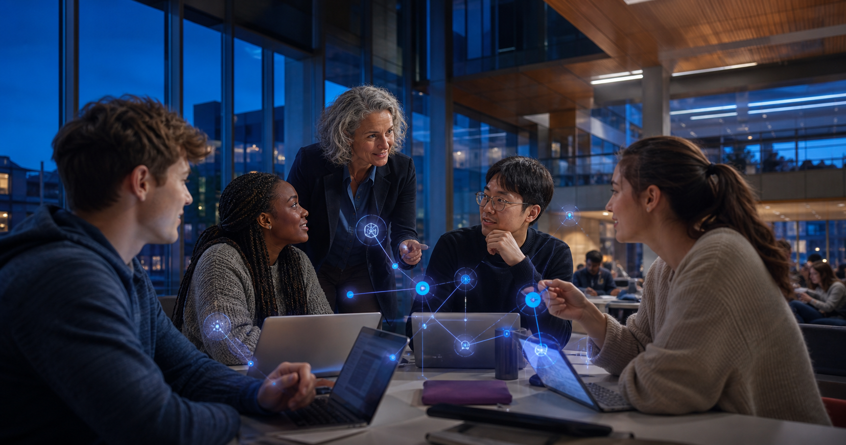 Students and faculty collaborating with an AI agent platform in a modern university learning commons